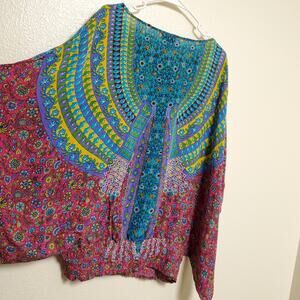 TOLANI 100% Silk Flowy Kimono Blouse Smocked Waist Resort Wear Top Sz L